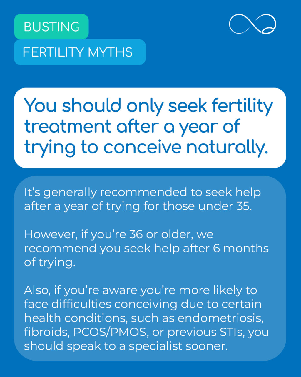 You don’t always need to wait a year before seeking fertility advice. 

In some cases we recommend seeking treatment sooner. For example, if you have a health condition that could affect your chances of conceiving naturally.

If you’ve been trying for a baby for a while, and you’re unsure of your next steps, our team is here to help. Call or email us with any questions or to book your consultation. 

#Fertility #IVF